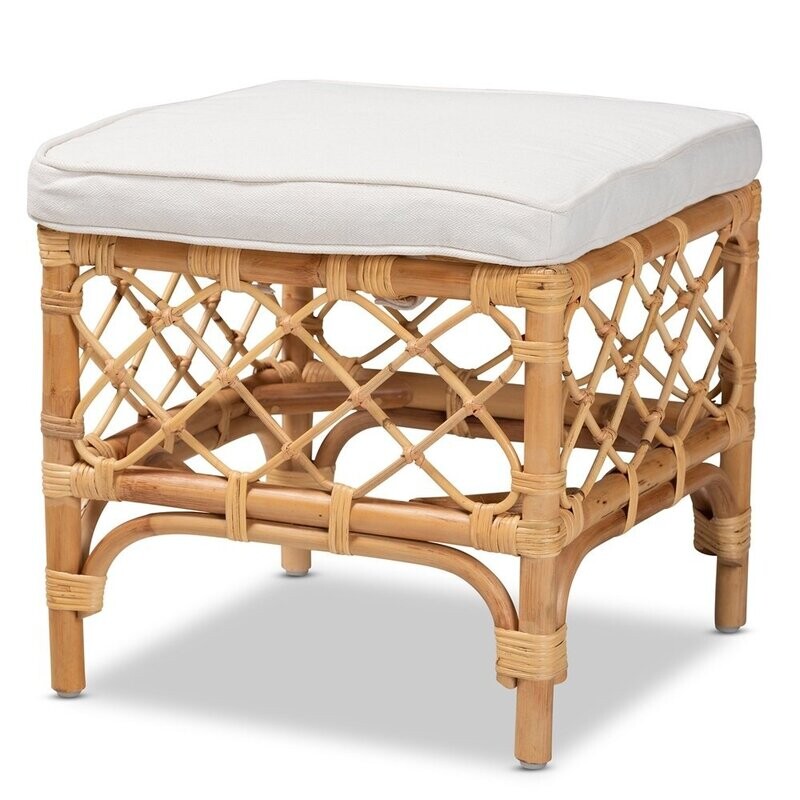 BAXTON STUDIO ORCHARD MODERN BOHEMIAN WHITE FABRIC UPHOLSTERED AND NATURAL BROWN RATTAN OTTOMAN