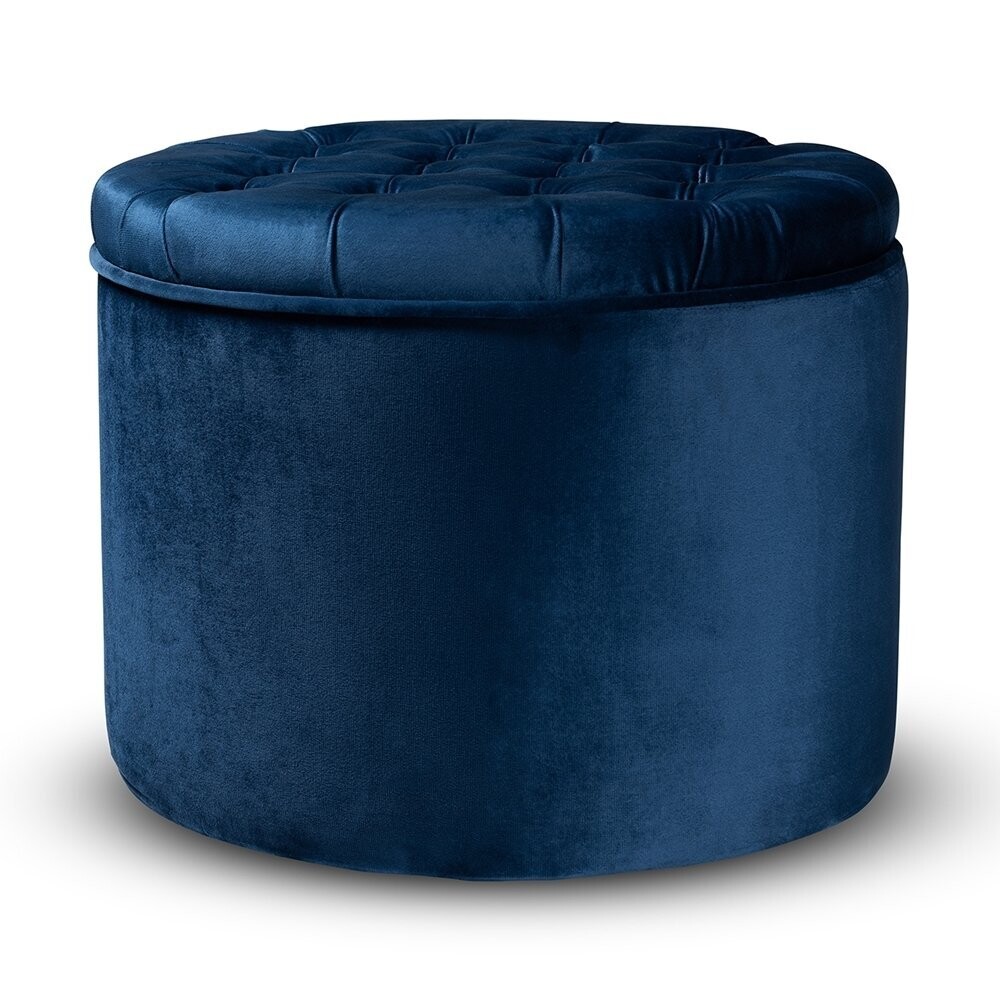 BAXTON STUDIO LIVANA CONTEMPORARY GLAM AND LUXE NAVY BLUE VELVET FABRIC UPHOLSTERED STORAGE OTTOMAN