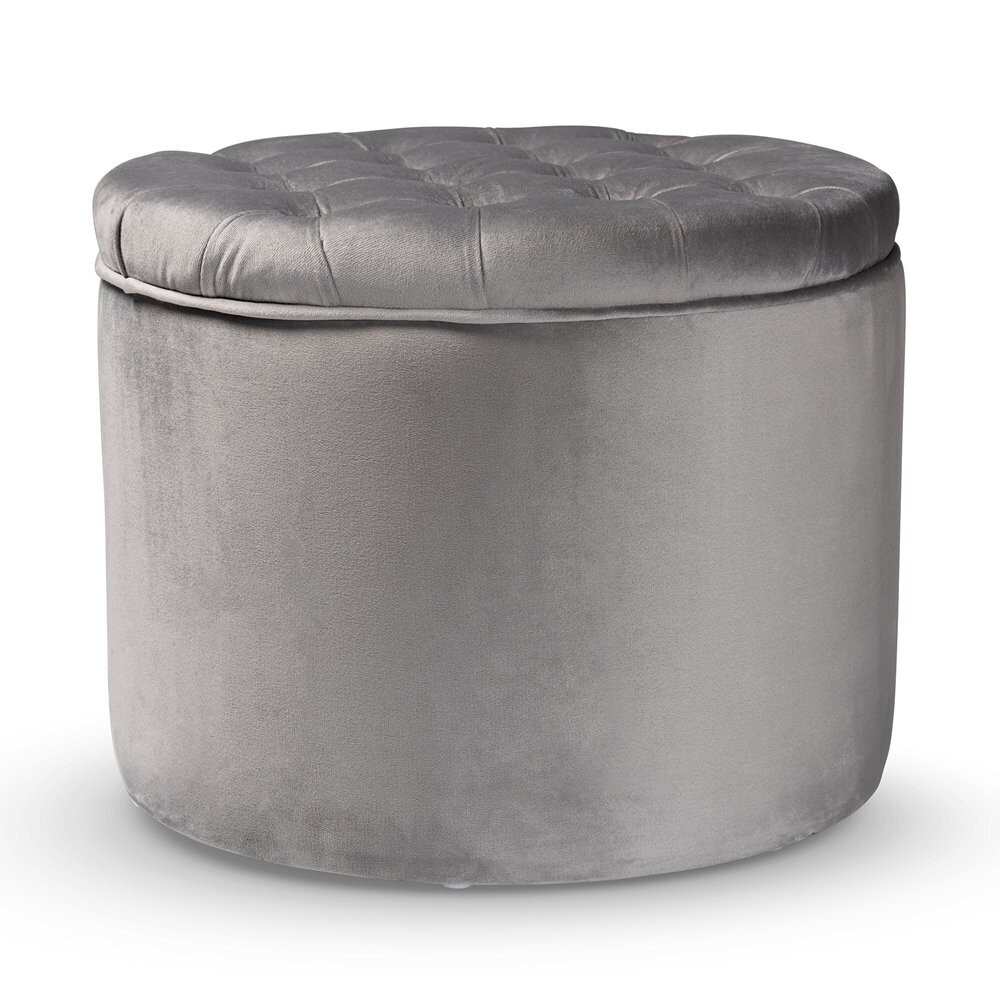 BAXTON STUDIO LIVANA CONTEMPORARY GLAM AND LUXE GREY VELVET FABRIC UPHOLSTERED STORAGE OTTOMAN