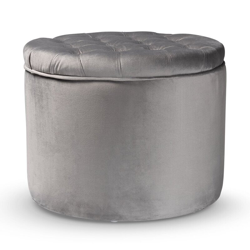 BAXTON STUDIO LIVANA CONTEMPORARY GLAM AND LUXE GREY VELVET FABRIC UPHOLSTERED STORAGE OTTOMAN