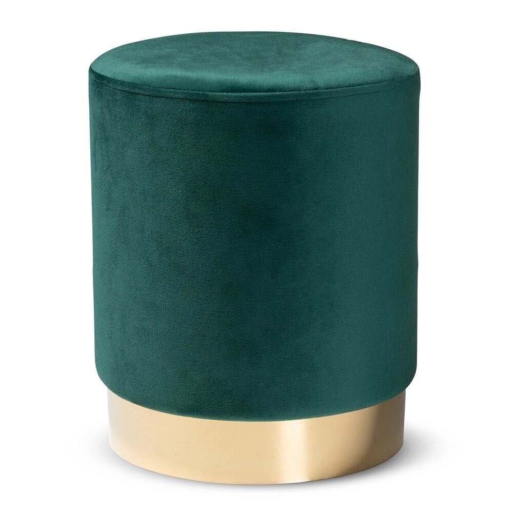 BAXTON STUDIO CHAELA CONTEMPORARY GLAM AND LUXE GREEN VELVET FABRIC UPHOLSTERED AND GOLD FINISHED METAL OTTOMAN