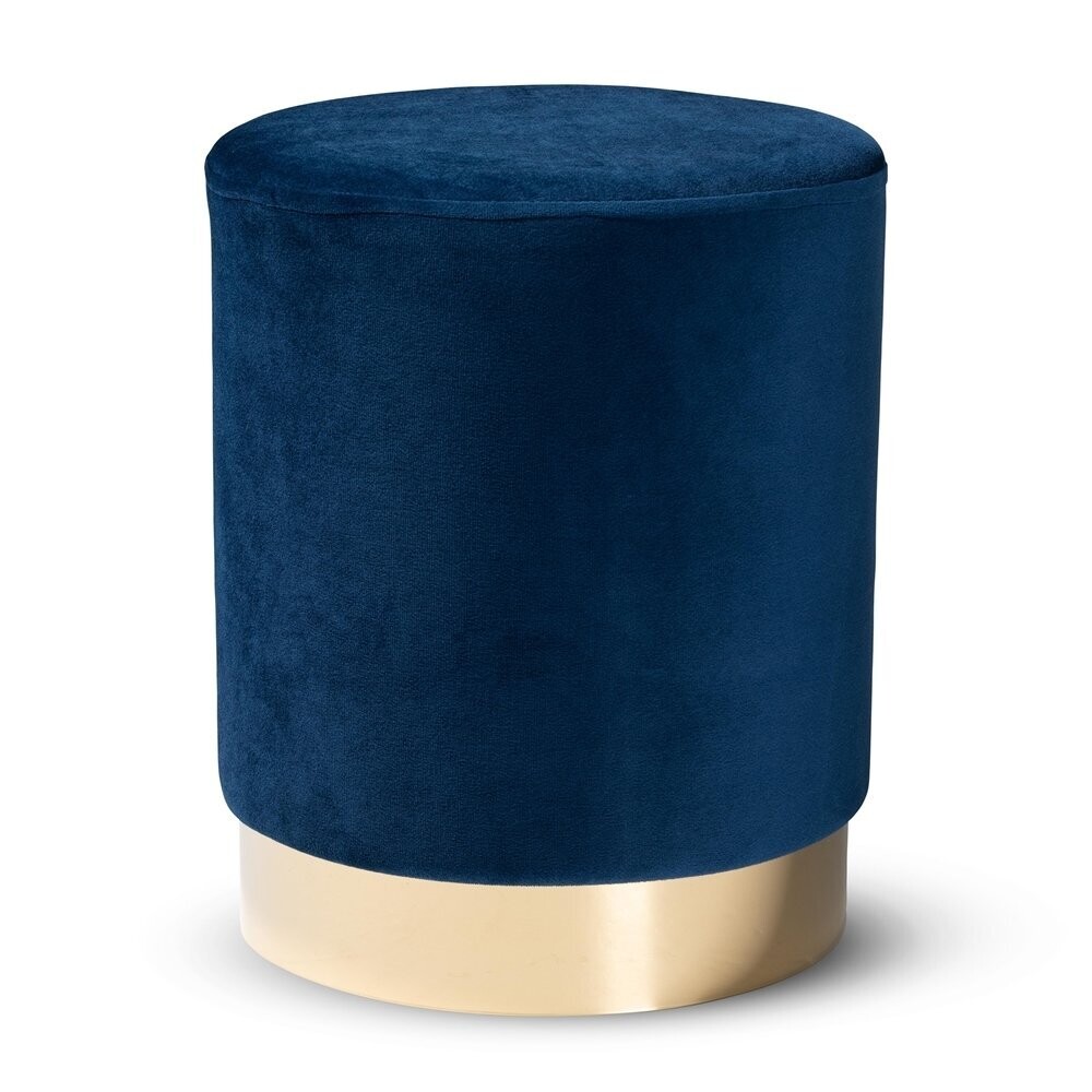BAXTON STUDIO CHAELA CONTEMPORARY GLAM AND LUXE NAVY BLUE VELVET FABRIC UPHOLSTERED AND GOLD FINISHED METAL OTTOMAN