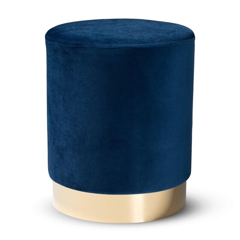 BAXTON STUDIO CHAELA CONTEMPORARY GLAM AND LUXE NAVY BLUE VELVET FABRIC UPHOLSTERED AND GOLD FINISHED METAL OTTOMAN