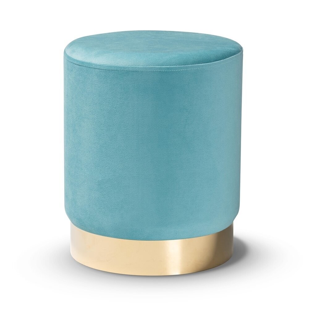 BAXTON STUDIO CHAELA CONTEMPORARY GLAM AND LUXE SKY BLUE VELVET FABRIC UPHOLSTERED AND GOLD FINISHED METAL OTTOMAN