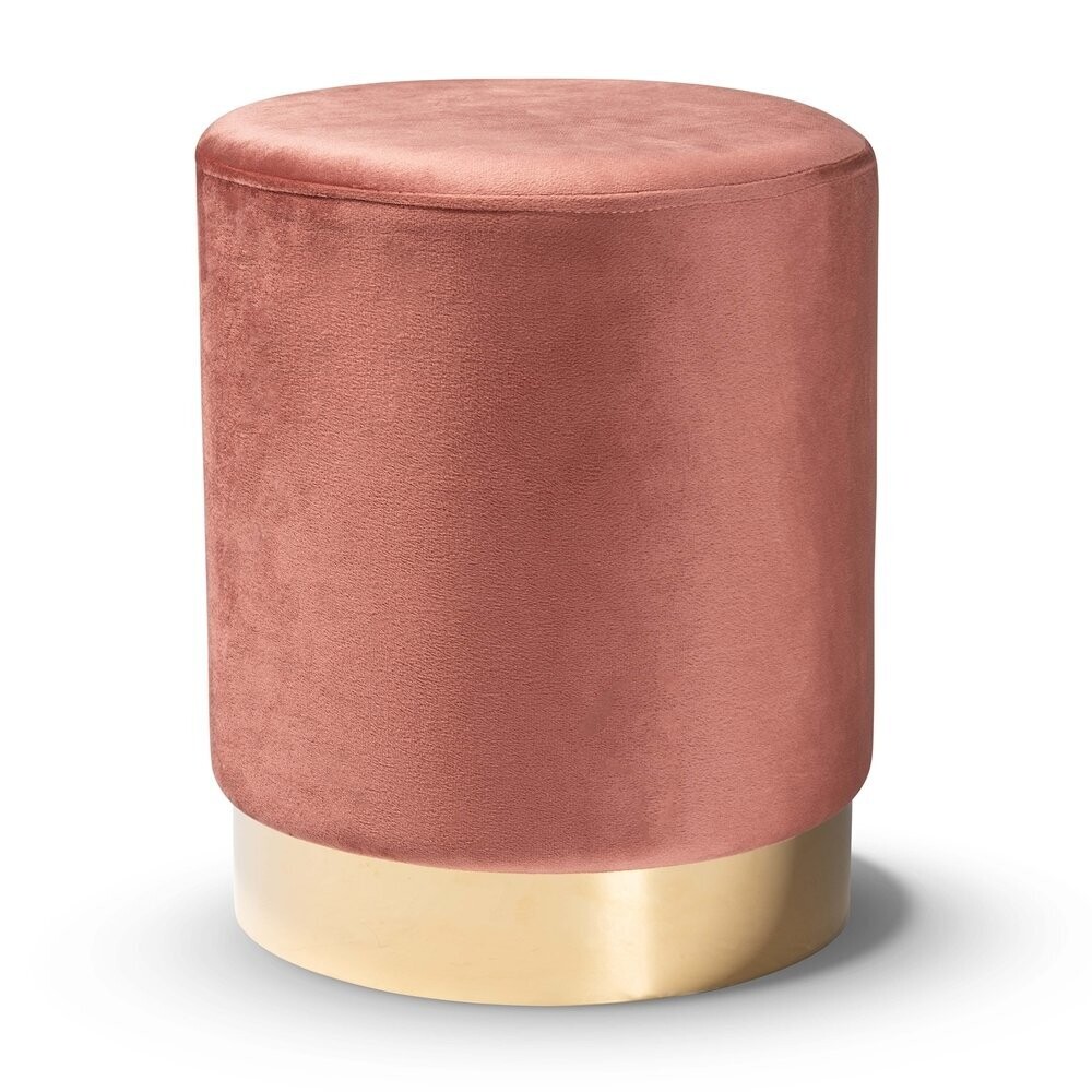 BAXTON STUDIO CHAELA CONTEMPORARY GLAM AND LUXE BLUSH PINK VELVET FABRIC UPHOLSTERED AND GOLD FINISHED METAL OTTOMAN
