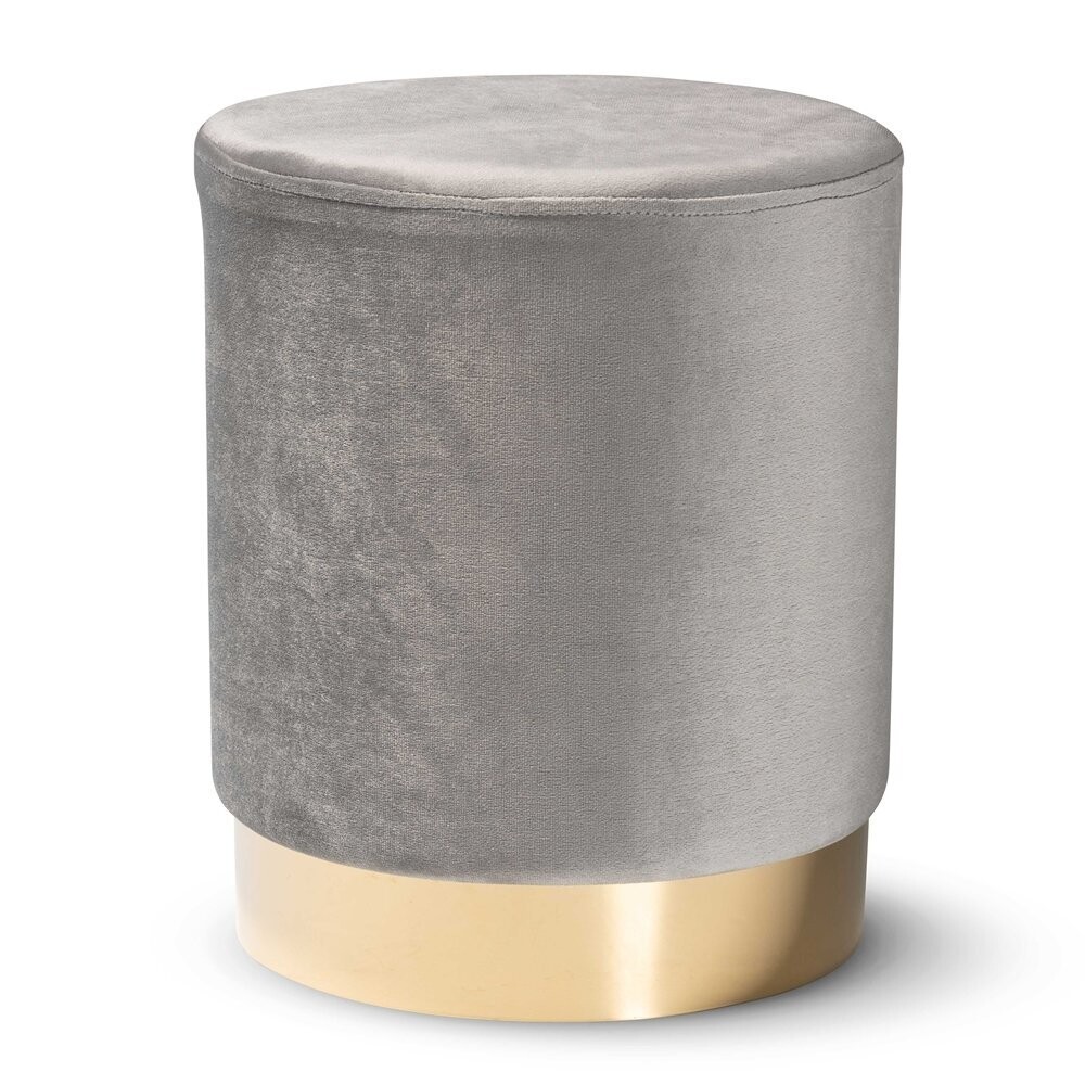BAXTON STUDIO CHAELA CONTEMPORARY GLAM AND LUXE GREY VELVET FABRIC UPHOLSTERED AND GOLD FINISHED METAL OTTOMAN