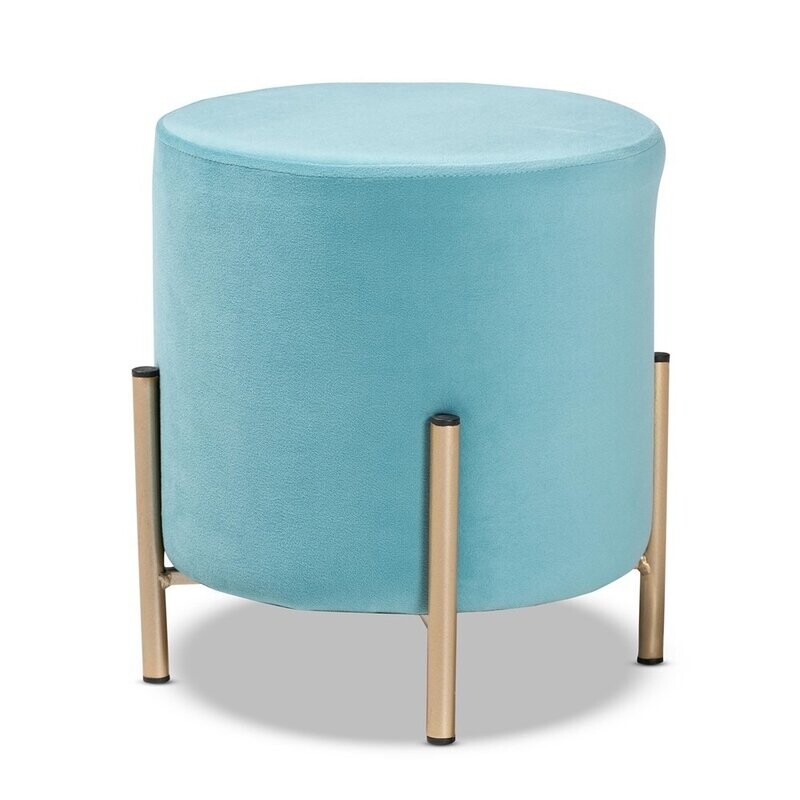 BAXTON STUDIO THURMAN CONTEMPORARY GLAM AND LUXE SKY BLUE VELVET FABRIC UPHOLSTERED AND GOLD FINISHED METAL OTTOMAN