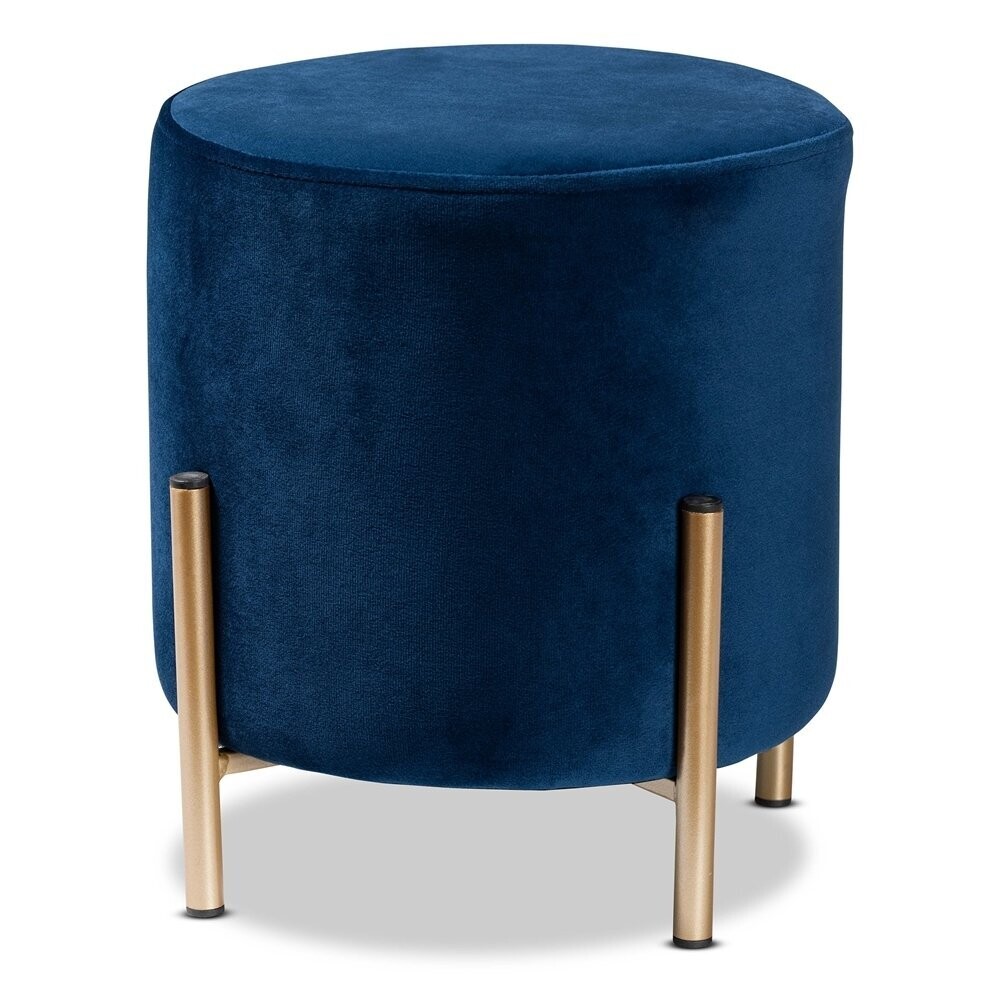 BAXTON STUDIO THURMAN CONTEMPORARY GLAM AND LUXE NAVY BLUE VELVET FABRIC UPHOLSTERED AND GOLD FINISHED METAL OTTOMAN