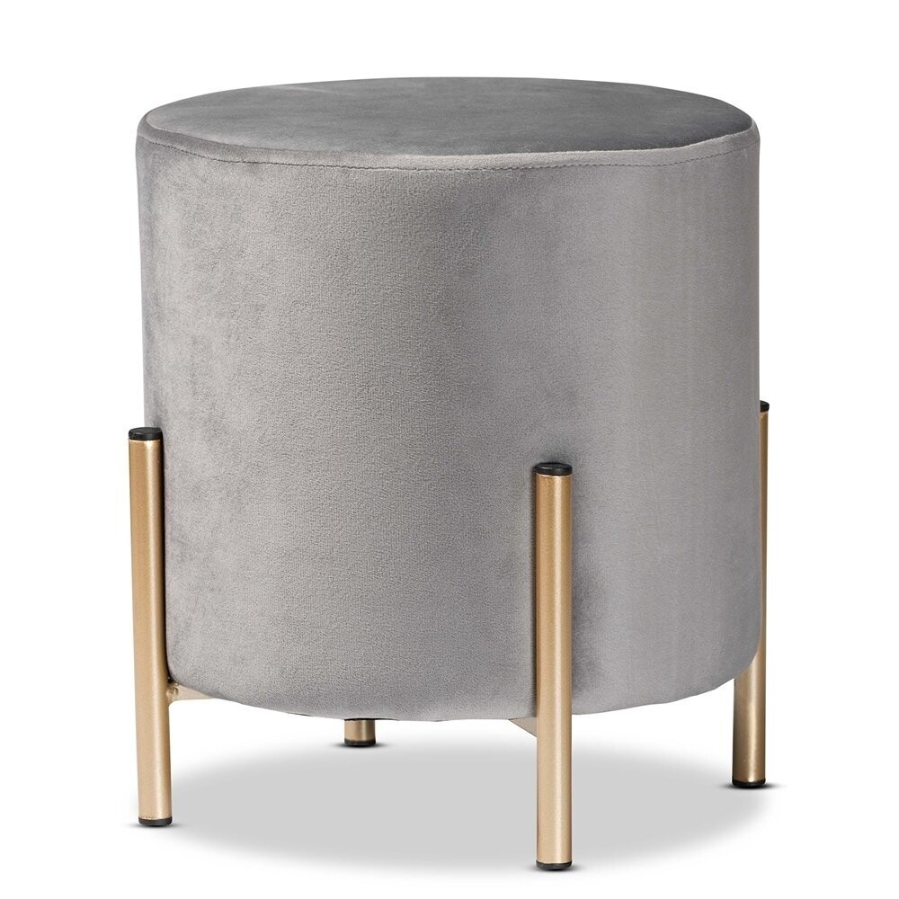 BAXTON STUDIO THURMAN CONTEMPORARY GLAM AND LUXE GREY VELVET FABRIC UPHOLSTERED AND GOLD FINISHED METAL OTTOMAN