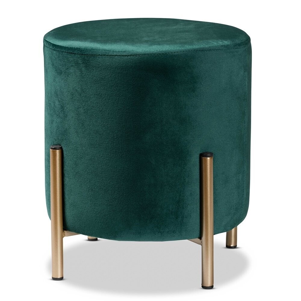 BAXTON STUDIO THURMAN CONTEMPORARY GLAM AND LUXE GREEN VELVET FABRIC UPHOLSTERED AND GOLD FINISHED METAL OTTOMAN