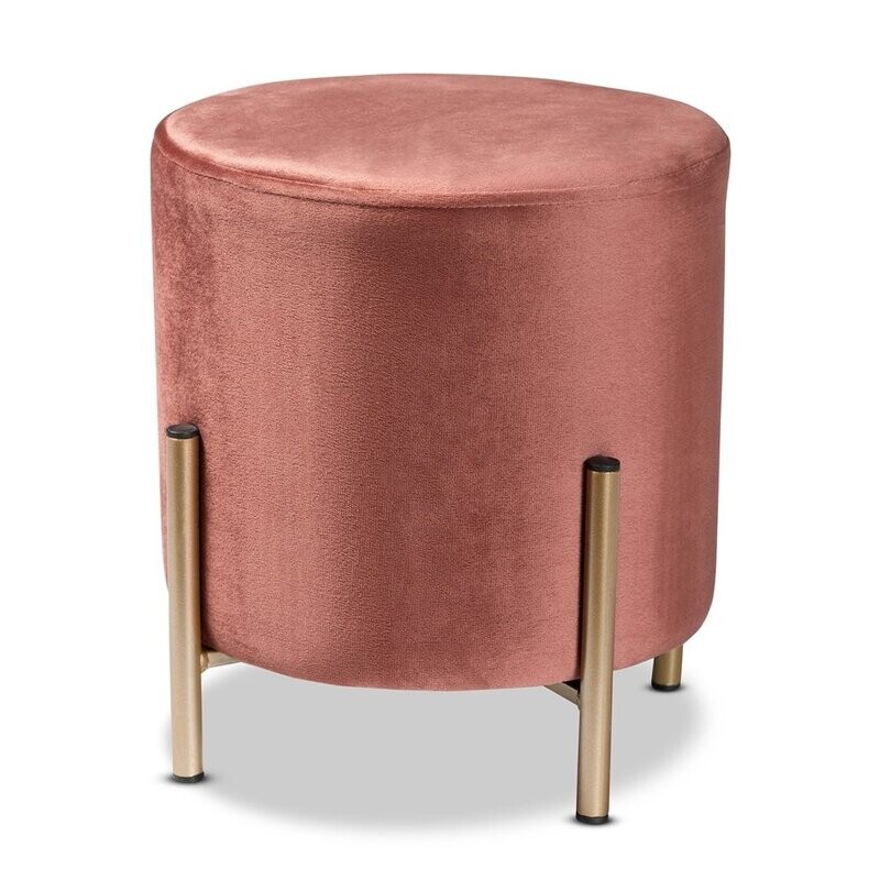 BAXTON STUDIO THURMAN CONTEMPORARY GLAM AND LUXE PINK VELVET FABRIC UPHOLSTERED AND GOLD FINISHED METAL OTTOMAN