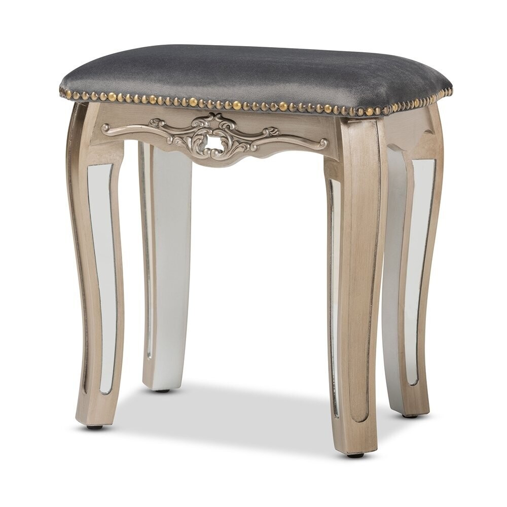 BAXTON STUDIO ELGIN CONTEMPORARY GLAM AND LUXE GREY VELVET FABRIC UPHOLSTERED BRUSHED SILVER FINISHED WOOD AND MIRRORED GLASS OTTOMAN STOOL
