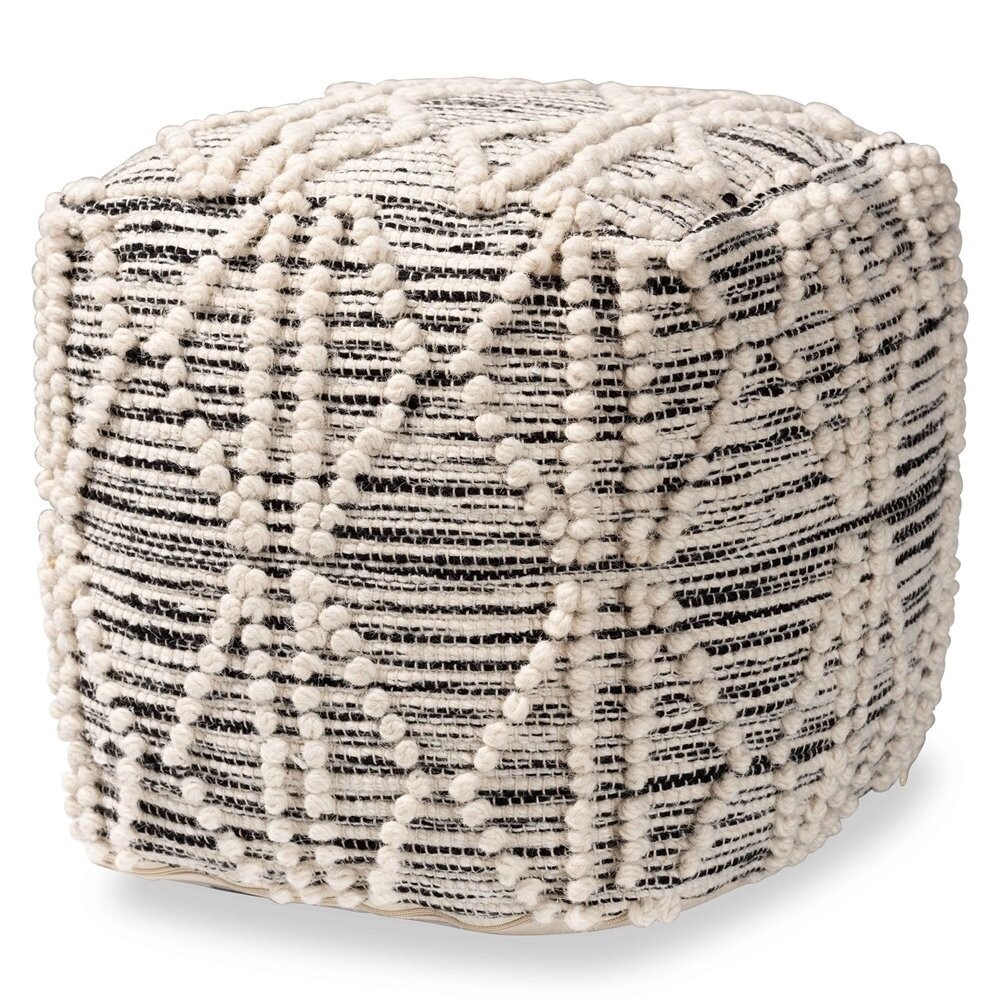 BAXTON STUDIO SENTIR MODERN AND CONTEMPORARY MOROCCAN INSPIRED IVORY AND BLACK HANDWOVEN WOOL BLEND POUF OTTOMAN