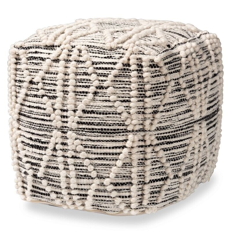 BAXTON STUDIO SENTIR MODERN AND CONTEMPORARY MOROCCAN INSPIRED IVORY AND BLACK HANDWOVEN WOOL BLEND POUF OTTOMAN
