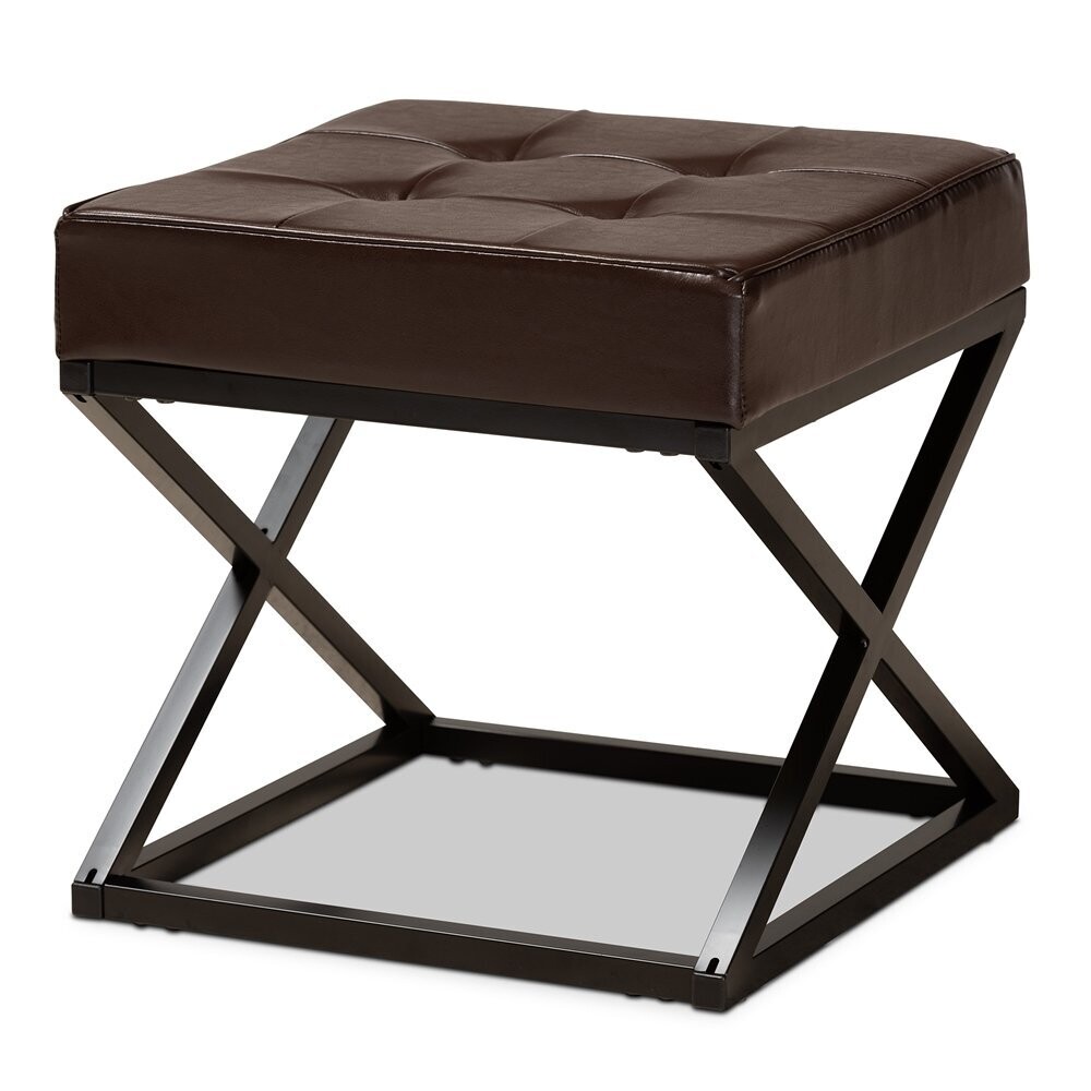 BAXTON STUDIO MAGNUS MODERN AND CONTEMPORARY DARK BROWN FAUX LEATHER UPHOLSTERED AND BLACK METAL OTTOMAN STOOL