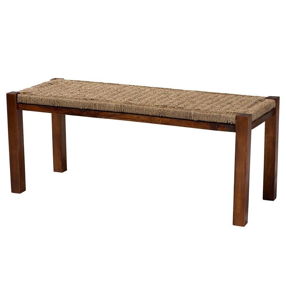 BAXTON STUDIO HERMES MID-CENTURY MODERN TRANSITIONAL NATURAL SEAGRASS AND MAHOGANY WOOD BENCH