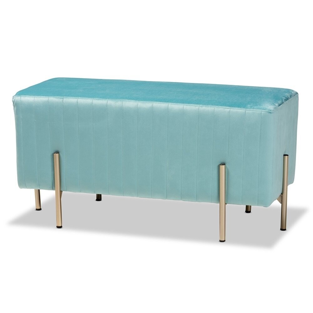 BAXTON STUDIO HELAINE CONTEMPORARY GLAM AND LUXE SKY BLUE FABRIC UPHOLSTERED AND GOLD METAL BENCH OTTOMAN