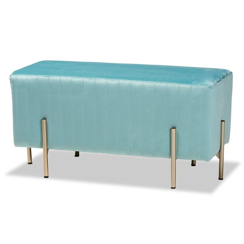 BAXTON STUDIO HELAINE CONTEMPORARY GLAM AND LUXE SKY BLUE FABRIC UPHOLSTERED AND GOLD METAL BENCH OTTOMAN