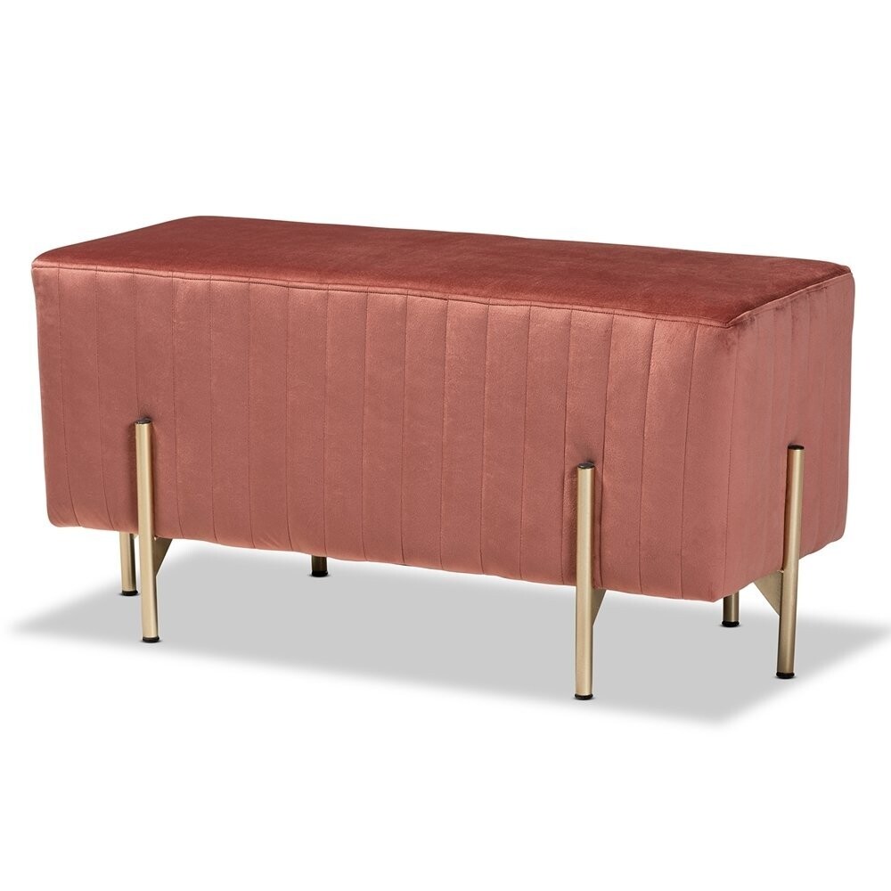 BAXTON STUDIO HELAINE CONTEMPORARY GLAM AND LUXE BLUSH PINK FABRIC UPHOLSTERED AND GOLD METAL BENCH OTTOMAN