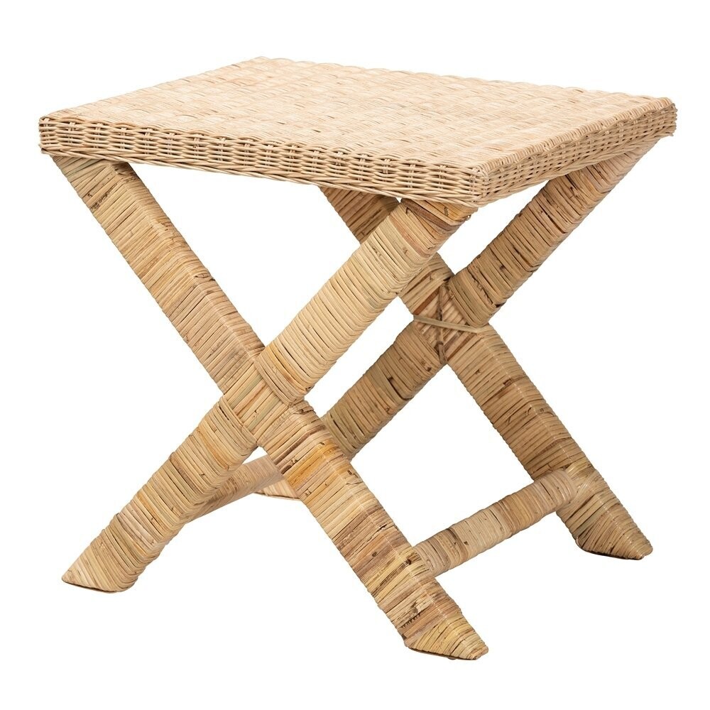 BAXTON STUDIO FARICA MODERN BOHEMIAN NATURAL RATTAN AND MAHOGANY ACCENT BENCH