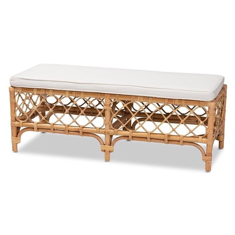 BAXTON STUDIO ORCHARD MODERN BOHEMIAN WHITE FABRIC UPHOLSTERED AND NATURAL BROWN RATTAN BENCH