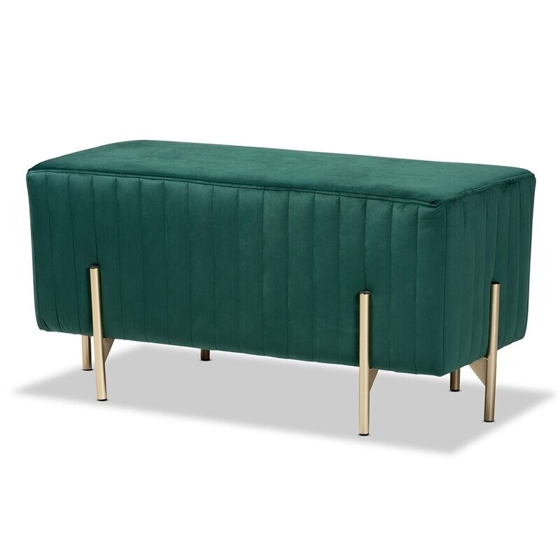 BAXTON STUDIO HELAINE CONTEMPORARY GLAM AND LUXE GREEN FABRIC UPHOLSTERED AND GOLD METAL BENCH OTTOMAN