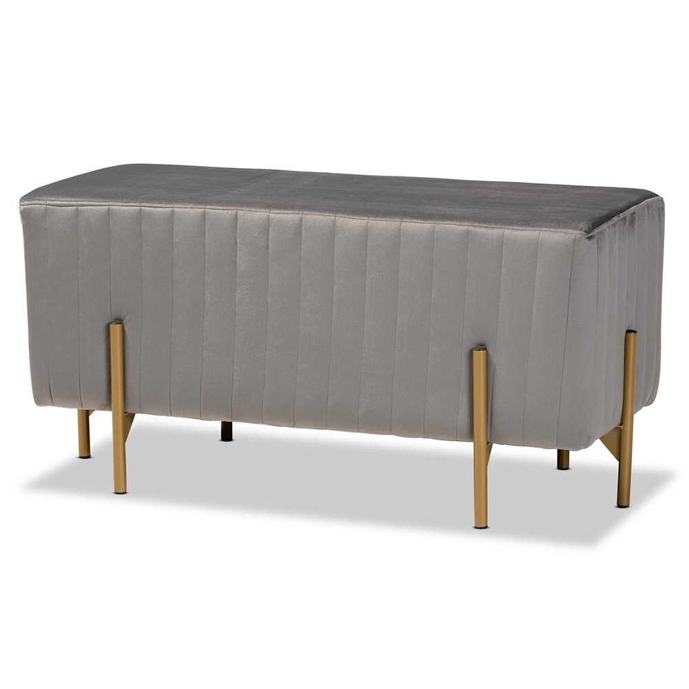 BAXTON STUDIO HELAINE CONTEMPORARY GLAM AND LUXE GREY FABRIC UPHOLSTERED AND GOLD METAL BENCH OTTOMAN