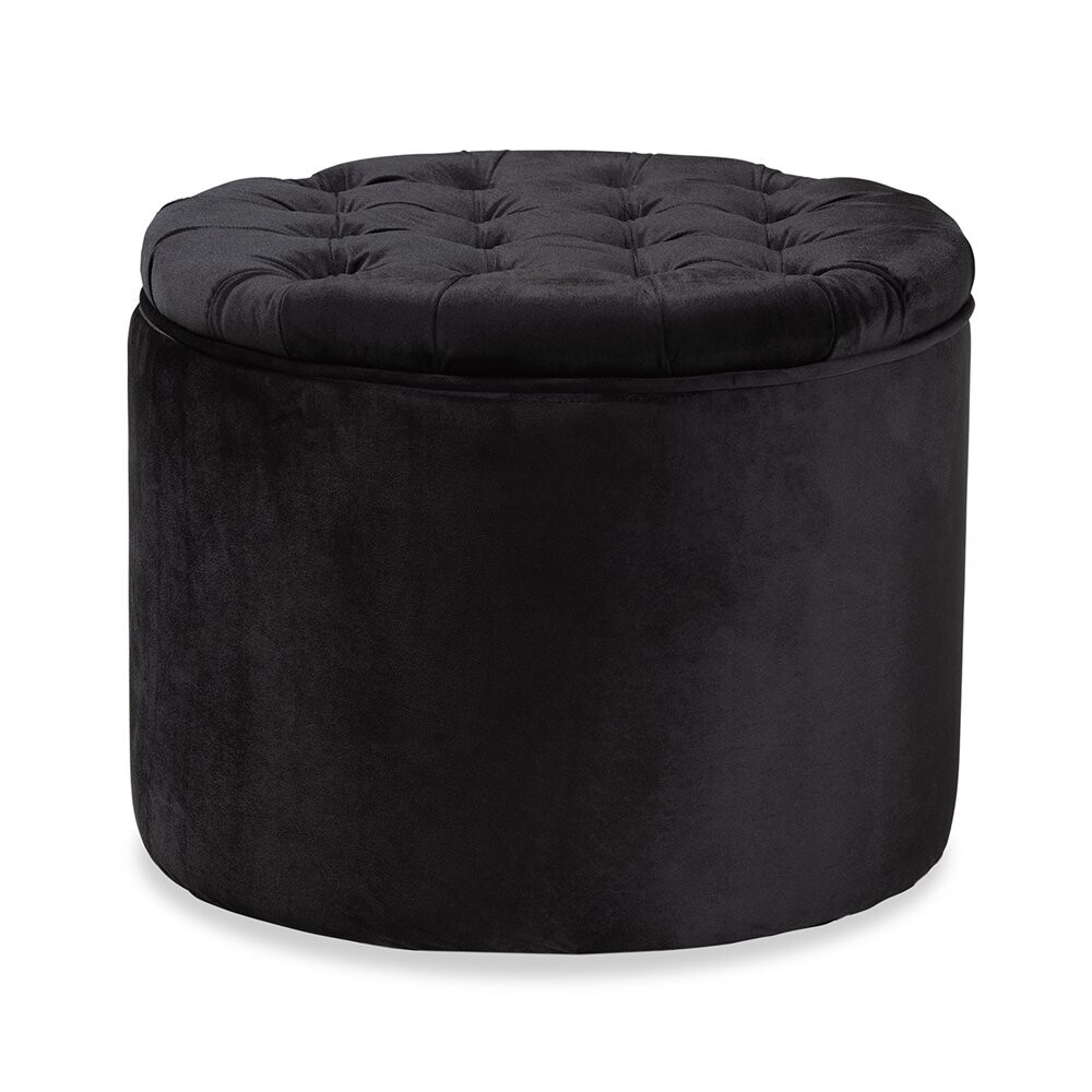 BAXTON STUDIO LIVANA CONTEMPORARY GLAM AND LUXE BLACK VELVET FABRIC UPHOLSTERED STORAGE OTTOMAN