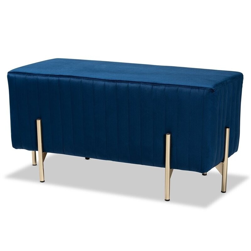 BAXTON STUDIO HELAINE CONTEMPORARY GLAM AND LUXE NAVY BLUE FABRIC UPHOLSTERED AND GOLD METAL BENCH OTTOMAN