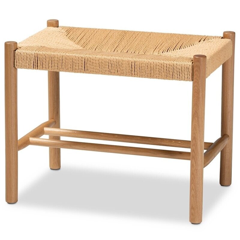 BAXTON STUDIO SAURA MID-CENTURY MODERN OAK BROWN FINISHED WOOD AND HEMP ACCENT BENCH