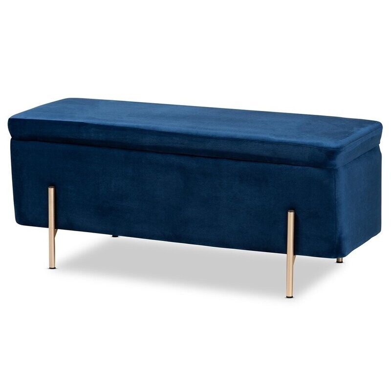 BAXTON STUDIO ROCKWELL CONTEMPORARY GLAM AND LUXE NAVY BLUE VELVET FABRIC UPHOLSTERED AND GOLD FINISHED METAL STORAGE BENCH