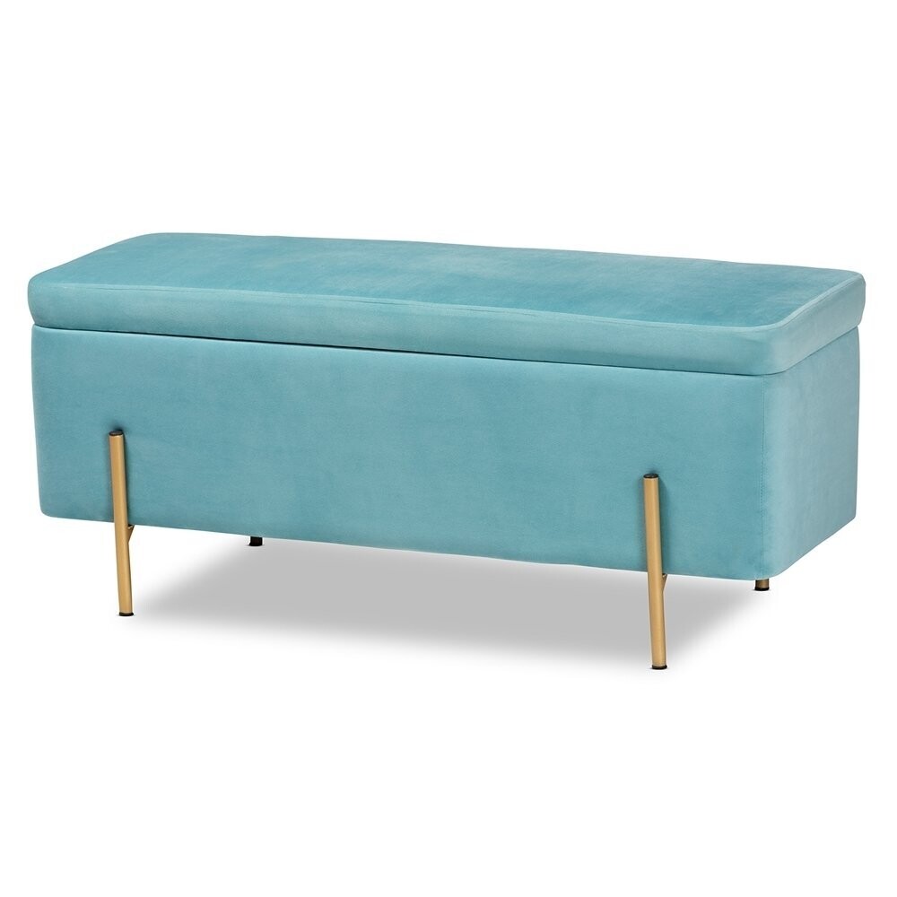 BAXTON STUDIO ROCKWELL CONTEMPORARY GLAM AND LUXE SKY BLUE VELVET FABRIC UPHOLSTERED AND GOLD FINISHED METAL STORAGE BENCH