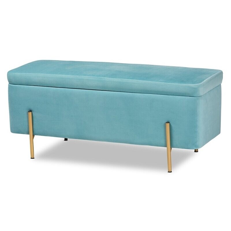 BAXTON STUDIO ROCKWELL CONTEMPORARY GLAM AND LUXE SKY BLUE VELVET FABRIC UPHOLSTERED AND GOLD FINISHED METAL STORAGE BENCH