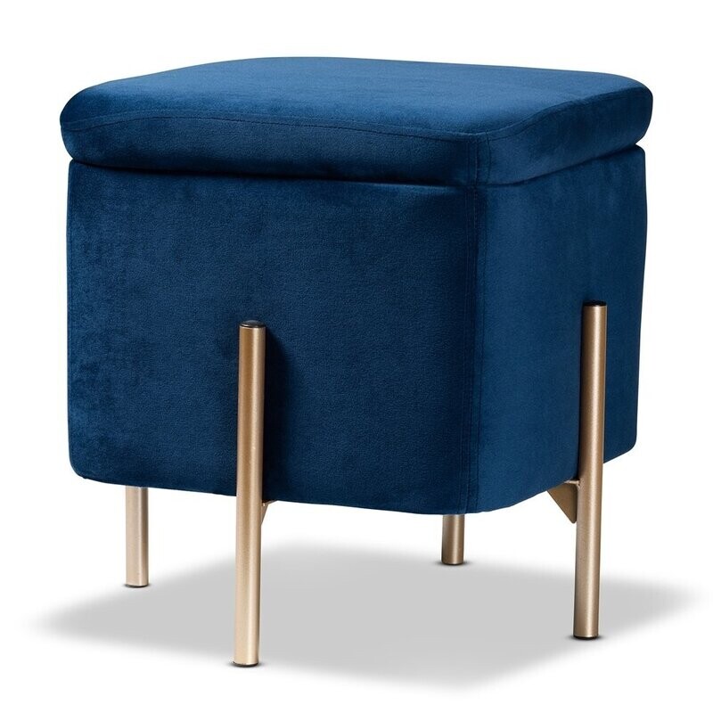 BAXTON STUDIO ALERON CONTEMPORARY GLAM AND LUXE NAVY BLUE VELVET FABRIC UPHOLSTERED AND GOLD FINISHED METAL STORAGE OTTOMAN