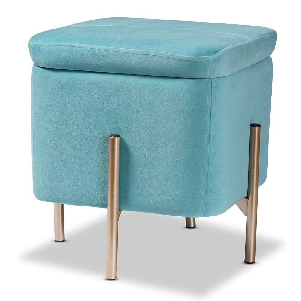 BAXTON STUDIO ALERON CONTEMPORARY GLAM AND LUXE SKY BLUE VELVET FABRIC UPHOLSTERED AND GOLD FINISHED METAL STORAGE OTTOMAN
