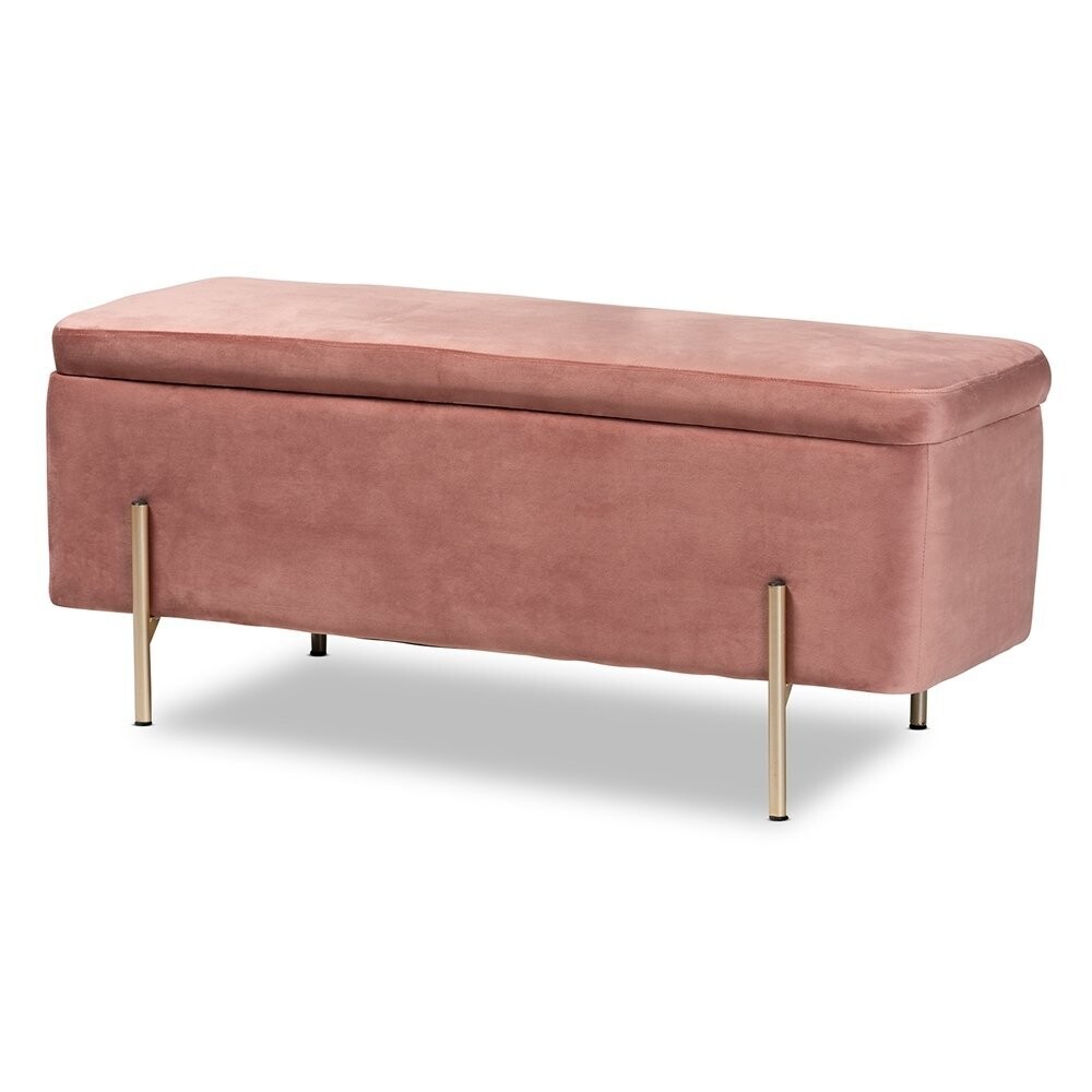 BAXTON STUDIO ROCKWELL CONTEMPORARY GLAM AND LUXE BLUSH PINK VELVET FABRIC UPHOLSTERED AND GOLD FINISHED METAL STORAGE BENCH