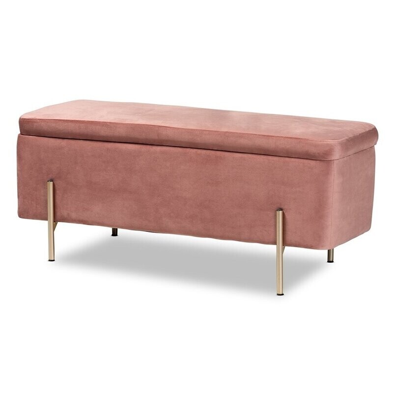 BAXTON STUDIO ROCKWELL CONTEMPORARY GLAM AND LUXE BLUSH PINK VELVET FABRIC UPHOLSTERED AND GOLD FINISHED METAL STORAGE BENCH