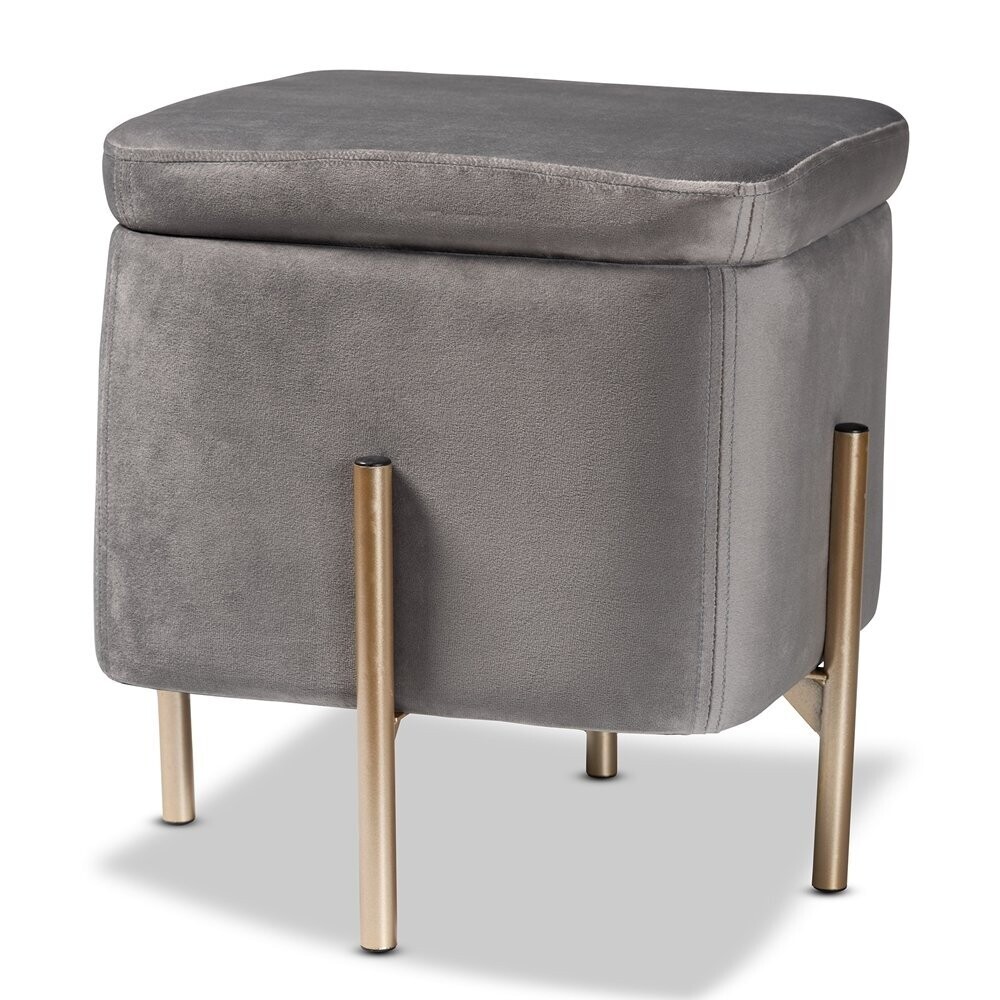 BAXTON STUDIO ALERON CONTEMPORARY GLAM AND LUXE GREY VELVET FABRIC UPHOLSTERED AND GOLD FINISHED METAL STORAGE OTTOMAN