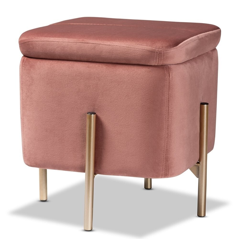BAXTON STUDIO ALERON CONTEMPORARY GLAM AND LUXE PINK VELVET FABRIC UPHOLSTERED AND GOLD FINISHED METAL STORAGE OTTOMAN