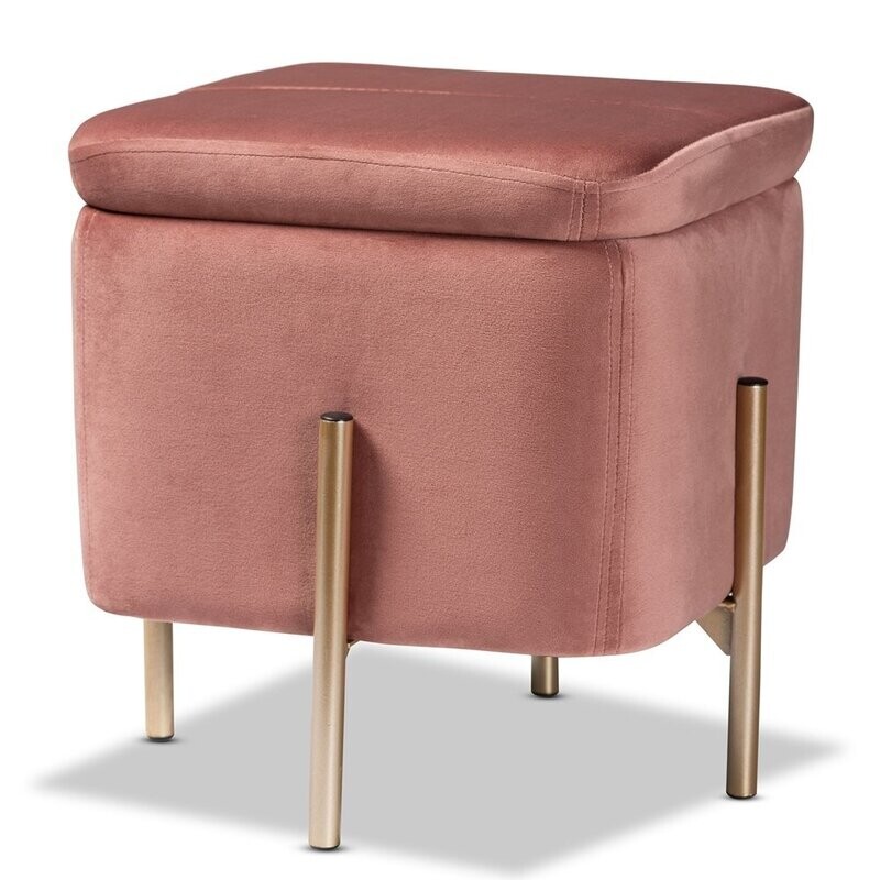 BAXTON STUDIO ALERON CONTEMPORARY GLAM AND LUXE PINK VELVET FABRIC UPHOLSTERED AND GOLD FINISHED METAL STORAGE OTTOMAN