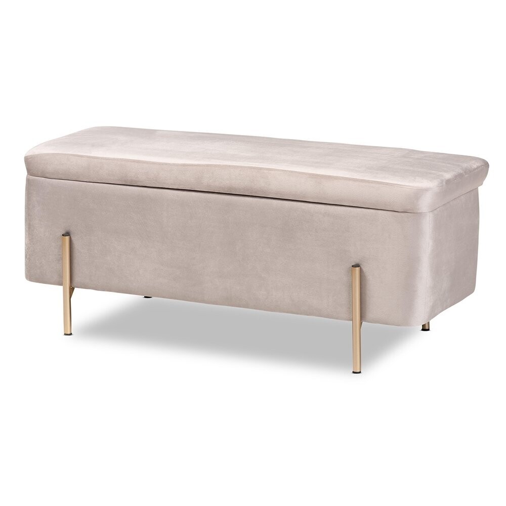 BAXTON STUDIO ROCKWELL CONTEMPORARY GLAM AND LUXE GREY VELVET FABRIC UPHOLSTERED AND GOLD FINISHED METAL STORAGE BENCH