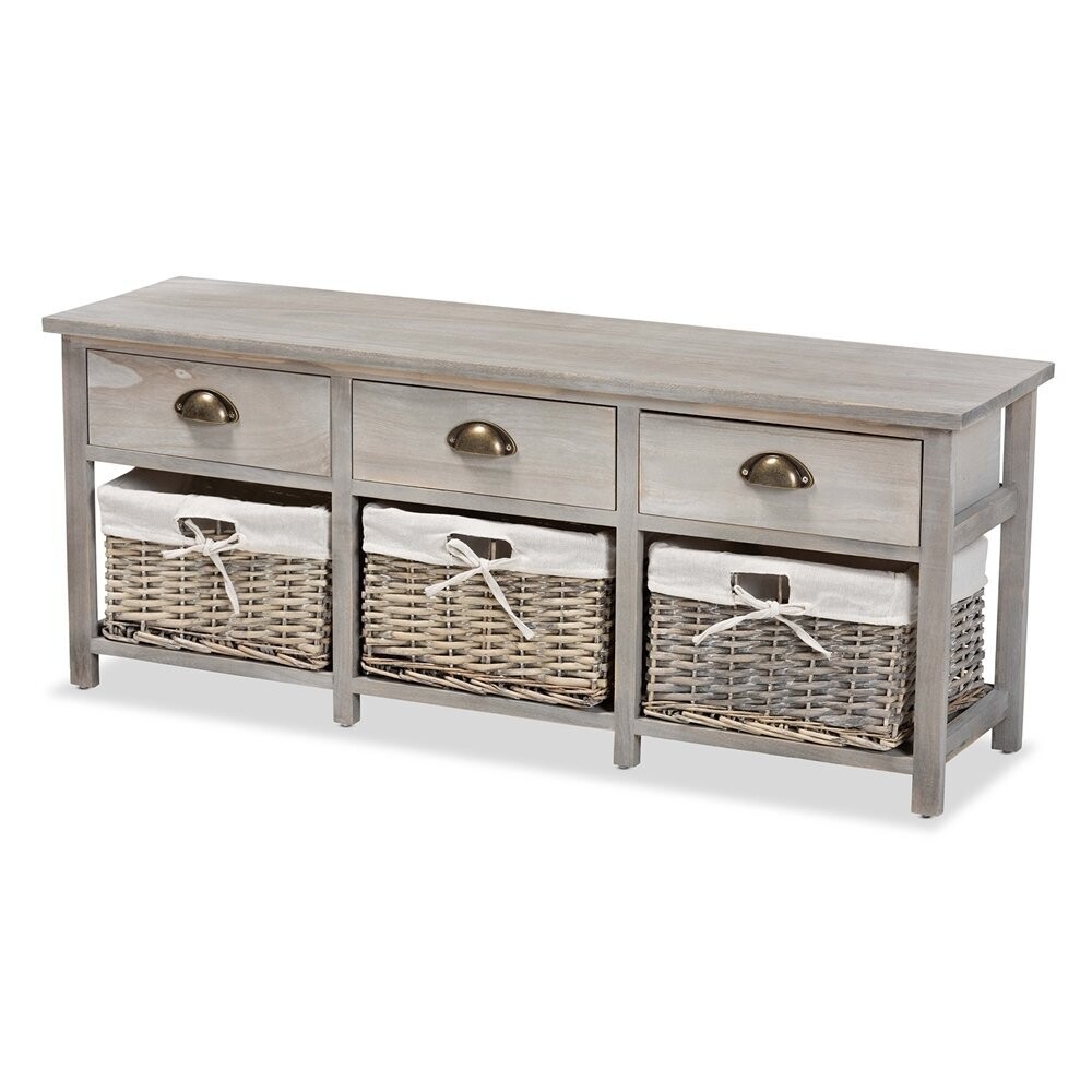 BAXTON STUDIO MABYN MODERN AND CONTEMPORARY LIGHT GREY FINISHED WOOD 3-DRAWER STORAGE BENCH WITH BASKETS