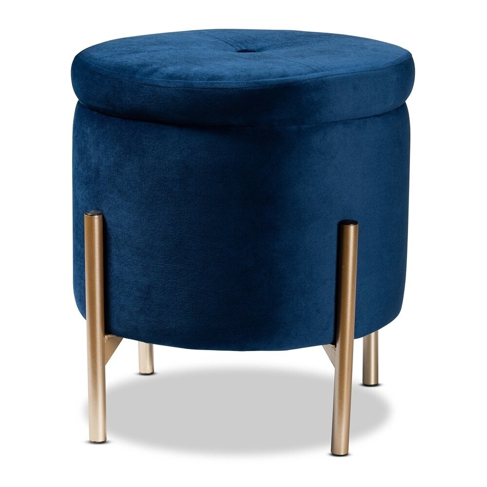 BAXTON STUDIO MALINA CONTEMPORARY GLAM AND LUXE NAVY BLUE VELVET FABRIC UPHOLSTERED AND GOLD FINISHED METAL STORAGE OTTOMAN
