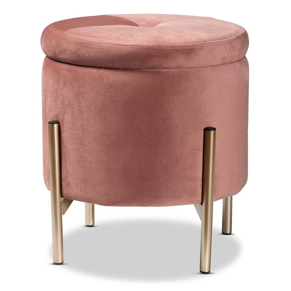 BAXTON STUDIO MALINA CONTEMPORARY GLAM AND LUXE PINK VELVET FABRIC UPHOLSTERED AND GOLD FINISHED METAL STORAGE OTTOMAN  I