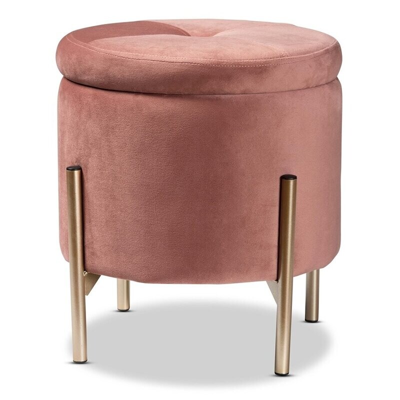 BAXTON STUDIO MALINA CONTEMPORARY GLAM AND LUXE PINK VELVET FABRIC UPHOLSTERED AND GOLD FINISHED METAL STORAGE OTTOMAN  I