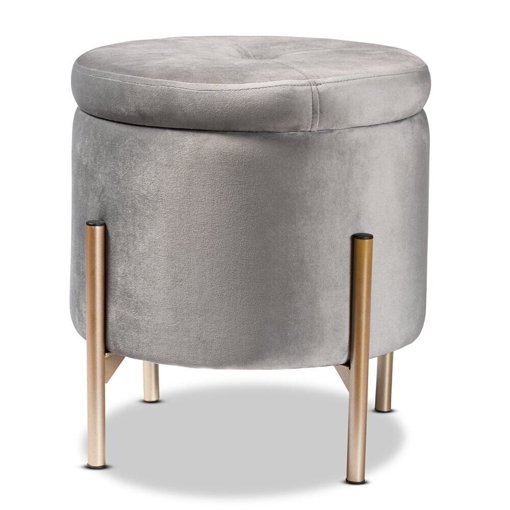 BAXTON STUDIO MALINA CONTEMPORARY GLAM AND LUXE GREY VELVET FABRIC UPHOLSTERED AND GOLD FINISHED METAL STORAGE OTTOMAN