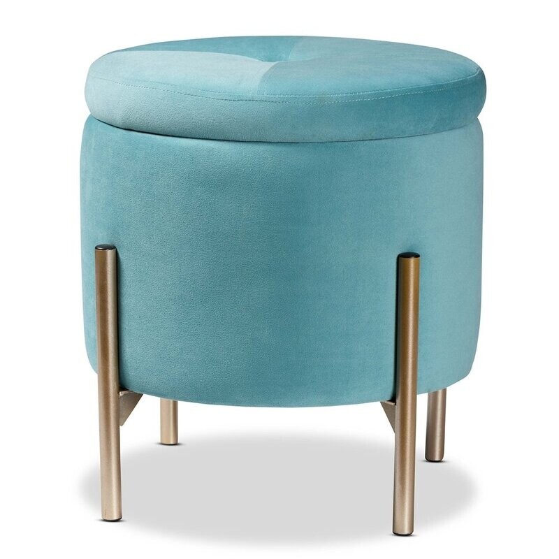 BAXTON STUDIO MALINA CONTEMPORARY GLAM AND LUXE SKY BLUE VELVET FABRIC UPHOLSTERED AND GOLD FINISHED METAL STORAGE OTTOMAN