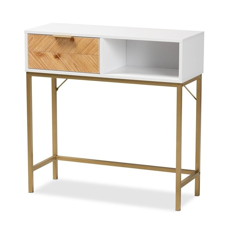BAXTON STUDIO GIONA MODERN AND CONTEMPORARY TWO-TONE OAK BROWN AND WHITE FINISHED WOOD AND GOLD METAL 1-DRAWER CONSOLE TABLE