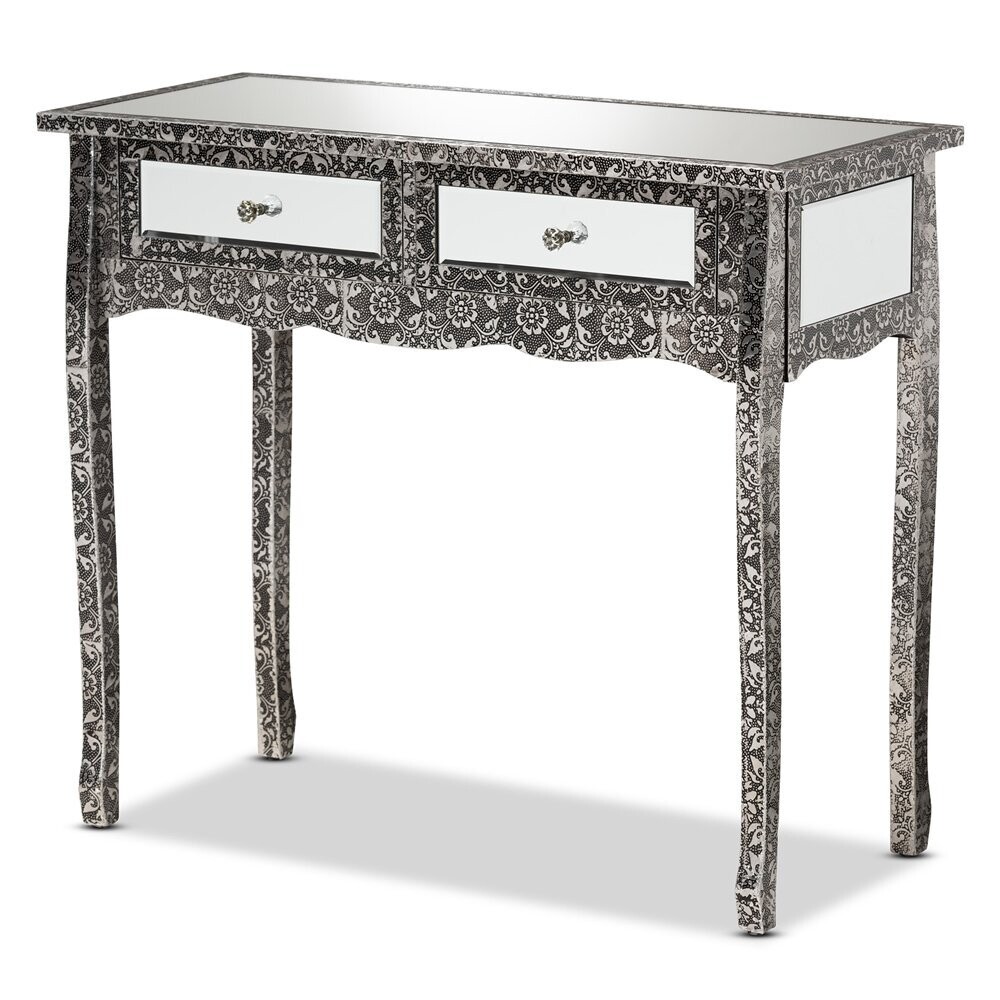 BAXTON STUDIO WYCLIFF INDUSTRIAL GLAM AND LUXE SILVER FINISHED METAL AND MIRRORED GLASS 2-DRAWER CONSOLE TABLE