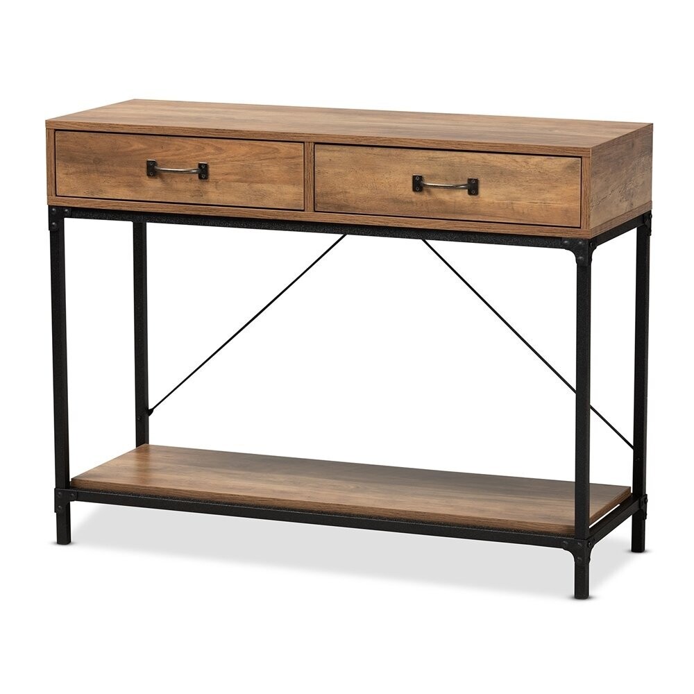 BAXTON STUDIO NORWOOD MODERN INDUSTRIAL WALNUT BROWN FINISHED WOOD AND BLACK METAL 2-DRAWER CONSOLE TABLE